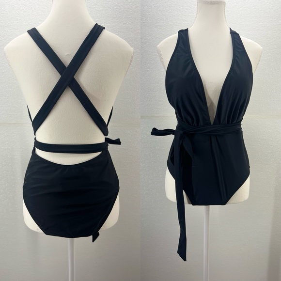 NWT Women's Deep V Neck Crisscross Back Self Tie One-piece Swimsuit SIZE LARGE - Picture 8 of 17